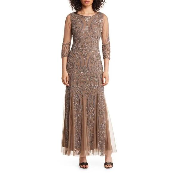 NWT PISARRO NIGHTS $268 Mocha Sequin Illusion Mesh 3/4 Sleeve Gown Size 14 - Picture 1 of 11